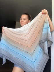 hand knitted gradient shawl in light blue