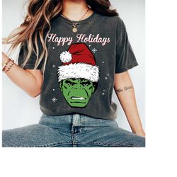 marvel hulk santa hat happy holidays portrait christmas lights t-shirt, hulk snowman , disneyland xmas matching shirt, w
