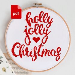 holly jolly christmas lettering cross stitch pattern pdf instant download, holly christmas cross stitch chart