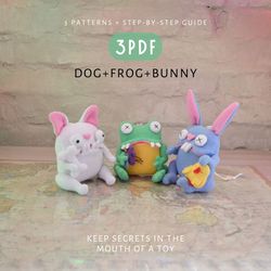 dog, frog and bunny: a set of 3 cute pdf patterns for sewing and diy projects. instant download digital patterns.