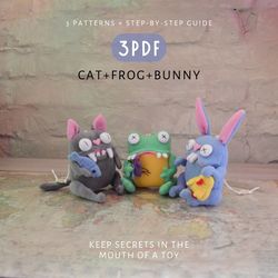 cat, frog, and bunny: a 3-in-1 pdf set! cute toys, sewing patterns, and a diy tutorial. digital patterns included.