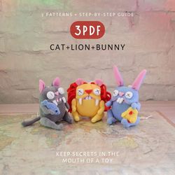 cat, lion, and bunny: a set of 3 cute pdf sewing patterns and diy tutorials. instant download digital patterns.