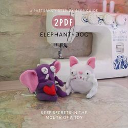 elephant and dog pdf set. cute toys, sewing patterns, and diy tutorial. instant download. digital patterns.