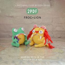 frog and lion, set of 2 pdfs. cute toys sewing patterns and diy tutorial. instant download. digital patterns.