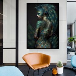 peacock woman canvas print, green feathered peacock canvas print art, peacock on branch ready to hang on the wall canvas