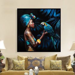 african woman and blue parrot canvas print , african woman canvas paint , parrot canvas paint , african woman art , read