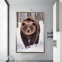 bear canvas wall art walking in snow,canvas print,brown bear canvas print,modern home decoration ready to hang canvas