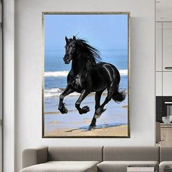 black horse canvas wall art, running horse canvas print, animal canvas art, modern home decors, farmhouse home wall deco