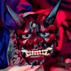 japanese red oni mask, samurai mask, wall hannya mask, japanese demon mask wearable