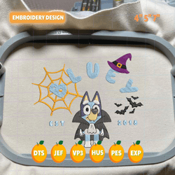 blue dog est 2018 halloween embroidery design, happy haloween embroidery file, blue dog cartoon embroidery design, halloween trending design, 3 sizes