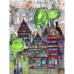 medieval houses fantasy painting original watercolor graphic artwork gallery wall art by rubinova