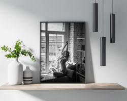 woman girl relaxing by the window morning sunshine - black and white photography - interior decorative poster print wall