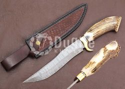 dk- custom handmade damascus hunting bowie knife , stag horn handle camping knife ,  premium quality,