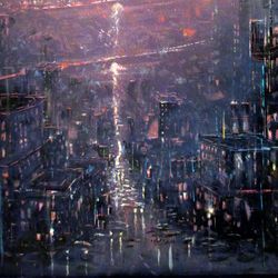 painting of a night city original oil painting on canvas, city skyline painting original, cyberpunk art by "walperion"