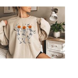 dancing skeleton halloween sweatshirt, pumpkin sweatshirt, spooky season skeleton tshirt, fall shirts for women