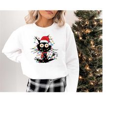 christmas cat sweatshirt, christmas cat light sweatshirt, meowy christmas cat sweatshirt, cat lover sweatshirt, merry ch