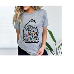 mom shirt, cute mama bear and baby with wildflowers, mama bear design on premium unisex shirt, 3 color choices, 3x mama,