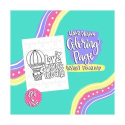 valentine coloring page | digital download | hand drawn coloring page | hot air balloon | group activity | coloring shir