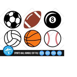 sports ball bundle svg files | football | volleyball | basketball | soccer ball | 8 ball | baseball silhouette cut files