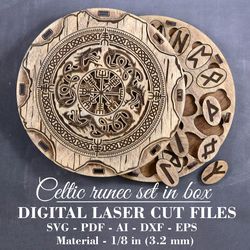 digital laser cut file for celtic runes set in round box, wooden runes svg, glowforge files, material - 3.2 mm (1/8")