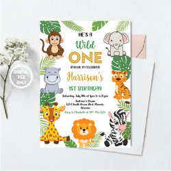 personalized file safari birthday invitation png, wild one 1st birthday invite png, jungle animals invitations, png file