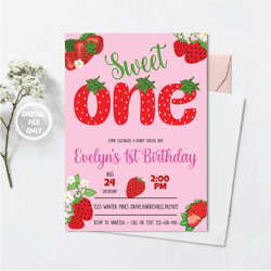 personalized file strawberry sweet one 1st birthday invitation png, berry theme party invite png, instant download png