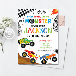 personalized file monster truck invitation png, monster truck birthday invites png,instant download monster truck