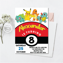 personalized file pokemon birthday invitation, pokemon evite, pokemon digital invitation, printable instant download