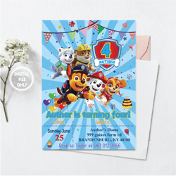 personalized file pawty patrol invitation, paw birthday invitation girl, paw patrol kids birthday invitation, kid