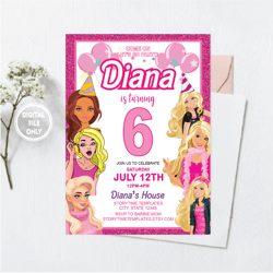 personalized file hot pink birthday party invitation, pink doll party printable invitation, doll invitation, digital