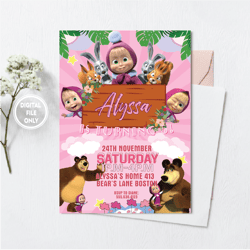 personalized file masha and the bear invitation for girls birthday party invitation for masha birthday bear invite