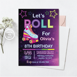 personalized file skate party birthday invitation png, party invitation girl boy roller skating png, retro neon lights