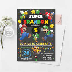 personalized file editable birthday invitation digital, super brothers evite, printable download, chalkboard kid invite