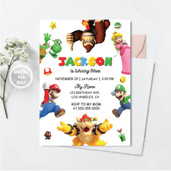 personalized file editable birthday invitation digital, super brothers evite, printable download, video game kid invite