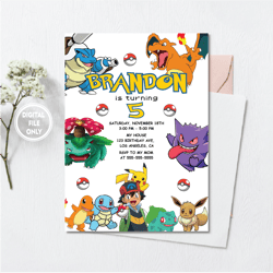 personalized file pokemone birthday invitation digital, pokemon evite, printable download, pikachu invite pokemon