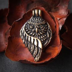 brass owl pendant on black leather cord. bird handcrafted necklace. wisdom sign. viking jewelry. pagan necklace.