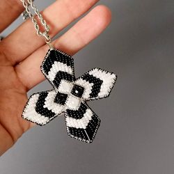 cross pendant, beaded order pendant, black and white jewelry woman, christmas gift for friend