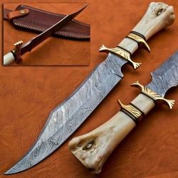 bowie damascus knife gift forged damascus steel hunting knife with bone handle. christmas gift , new year gift