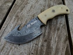 custom handmade damascus guthook skinner knife handle camel bone