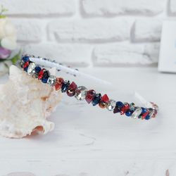 blue red rhinestones tiara, bling modern crown, hair band, bridal crystals headpiece, embellished sparkling headband