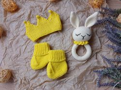 gift box for baby set orange rodents bunny, crown, booties. christening or expecting a baby. gift set for a newborn baby