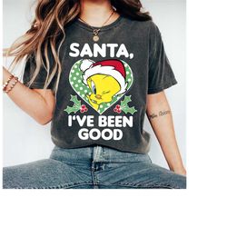 looney tunes christmas tweety santa i've been good s shirt, looney tunes logo classic t-shirt, bugs, , tweety santa hat