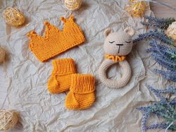 gift box for baby set orange rodents bear, crown, booties. christening or expecting a baby. gift set for a newborn baby