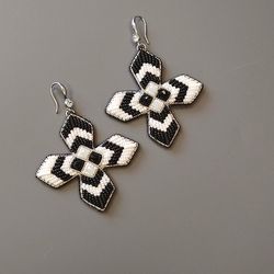 black and white cross earrings, women's casual earrings, beaded embroidery earrings, fashion earrings gift for girlfrien