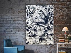 abstract bear painting, teddy bear canvas, black and white bear painting, illustration bear art