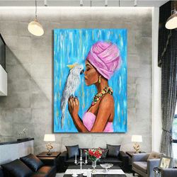 black woman and parrot canvas, african woman art, colourful woman painting, parrot canvas, ethnic african woman canvas p