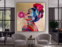 bubble gum woman pop art, omg pop art wall art, shock style pop art, comic style pop art, woman portrait framed canvas