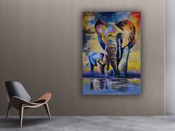 colorful elephant and calf, elephant painting, elephant print, elephant poster, mother elephant wall art, animal home de