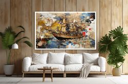 colorful ship canvas painting, ship landscape painting, sea landscape painting, sea and ship art, ship art, sail poster