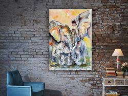 elephant family painting, elephant canvas print, elephants office decor, elephants canvas print
